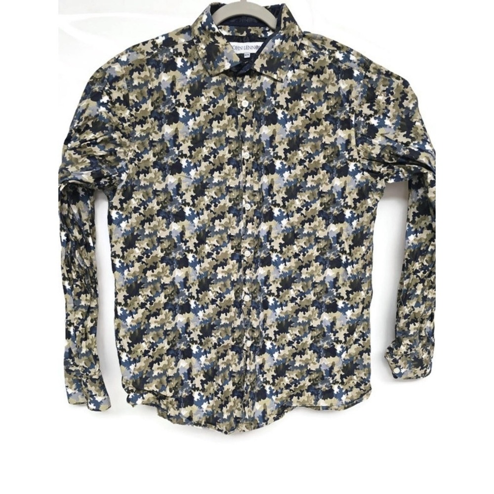 John Lennon Shirt Mens Medium Camo Blue Beige Button Up Long‎ Sleeve Patterned